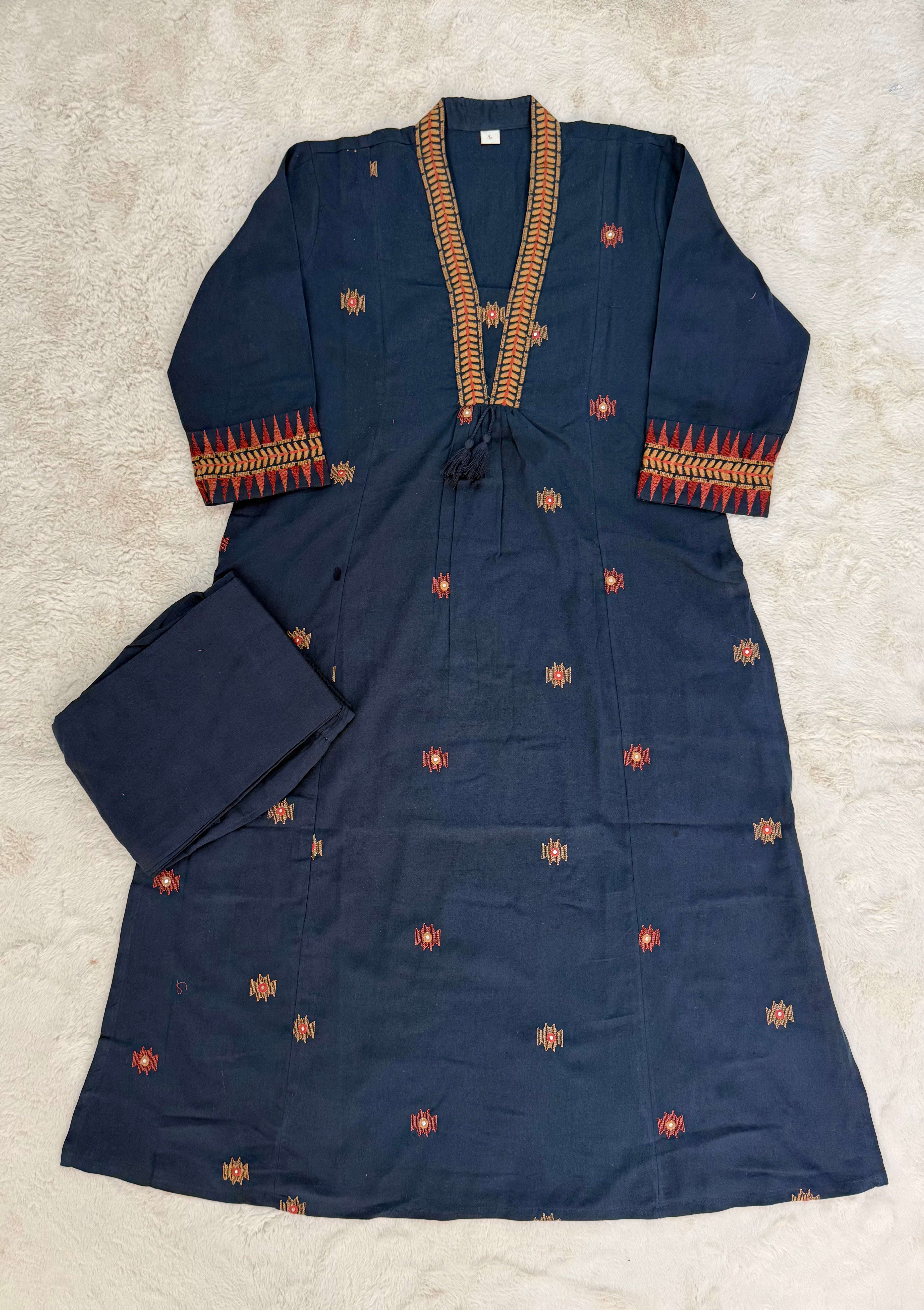 Navy Blue Embroidered Cotton Two-Piece Set
