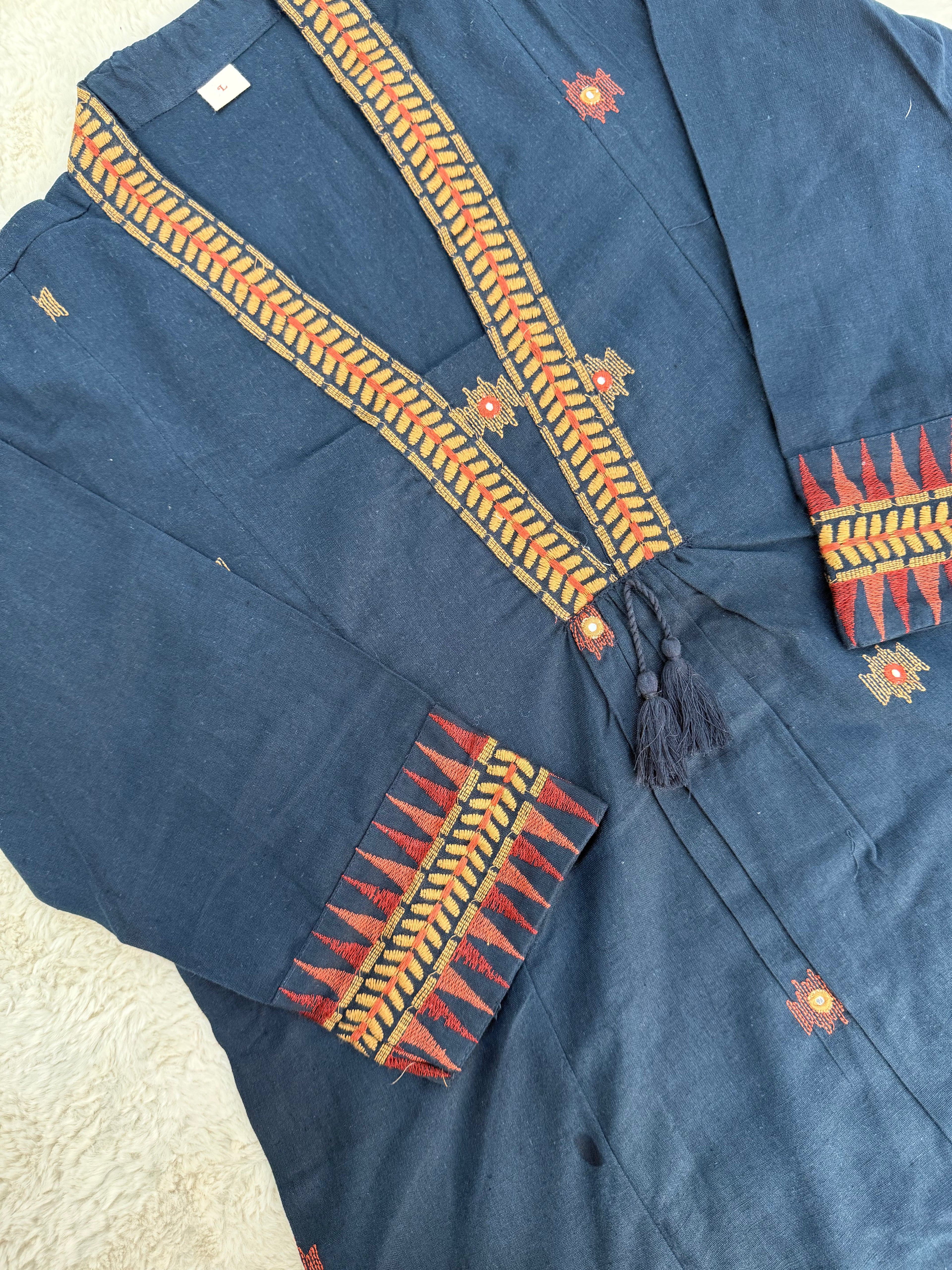 Navy Blue Embroidered Cotton Two-Piece Set