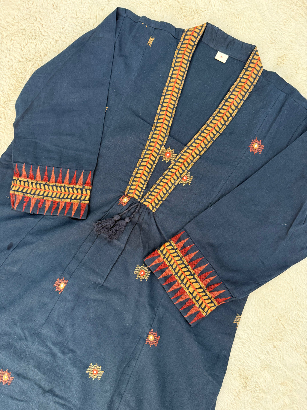 Navy Blue Embroidered Cotton Two-Piece Set