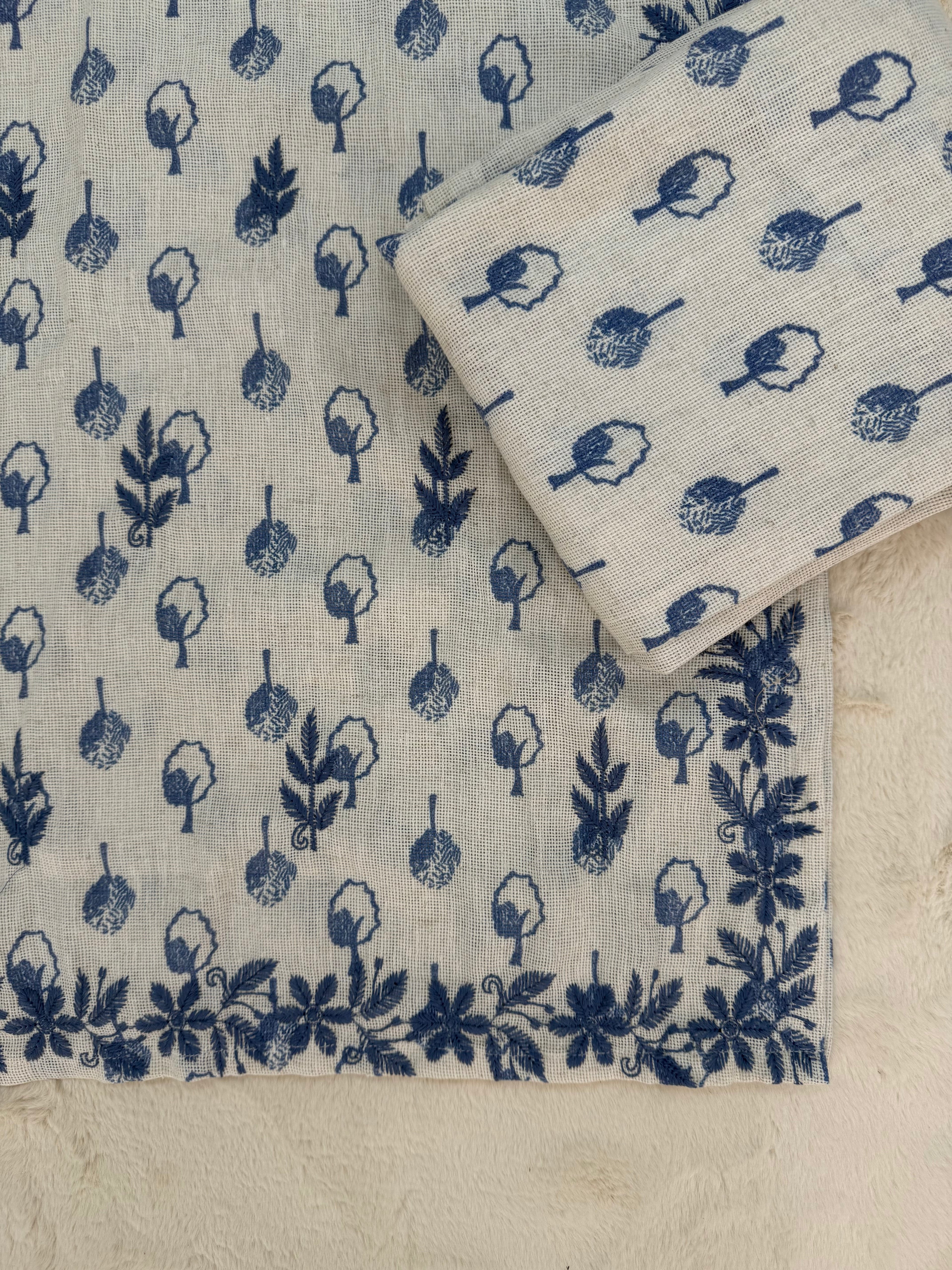 Blue Thread-Embroidered Jute Two-Piece Set