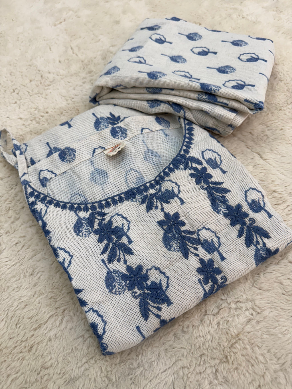 Blue Thread-Embroidered Jute Two-Piece Set