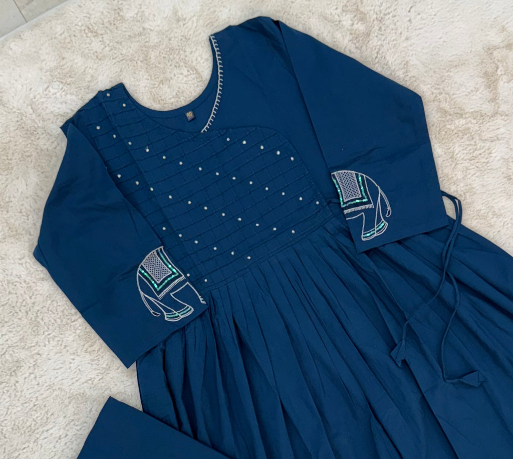 Navy Blue Elephant Print Cotton Two-Piece Set