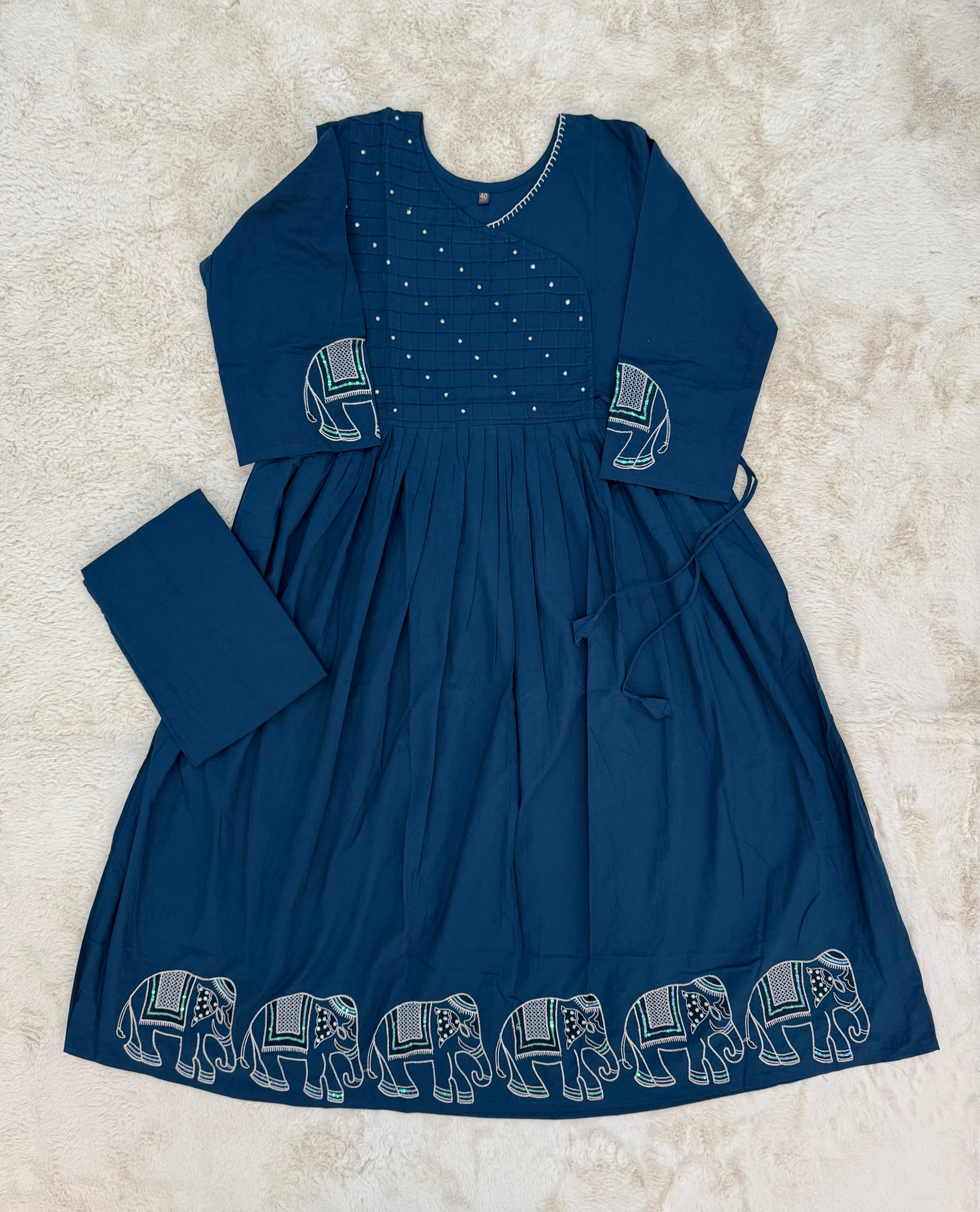 Navy Blue Elephant Print Cotton Two-Piece Set