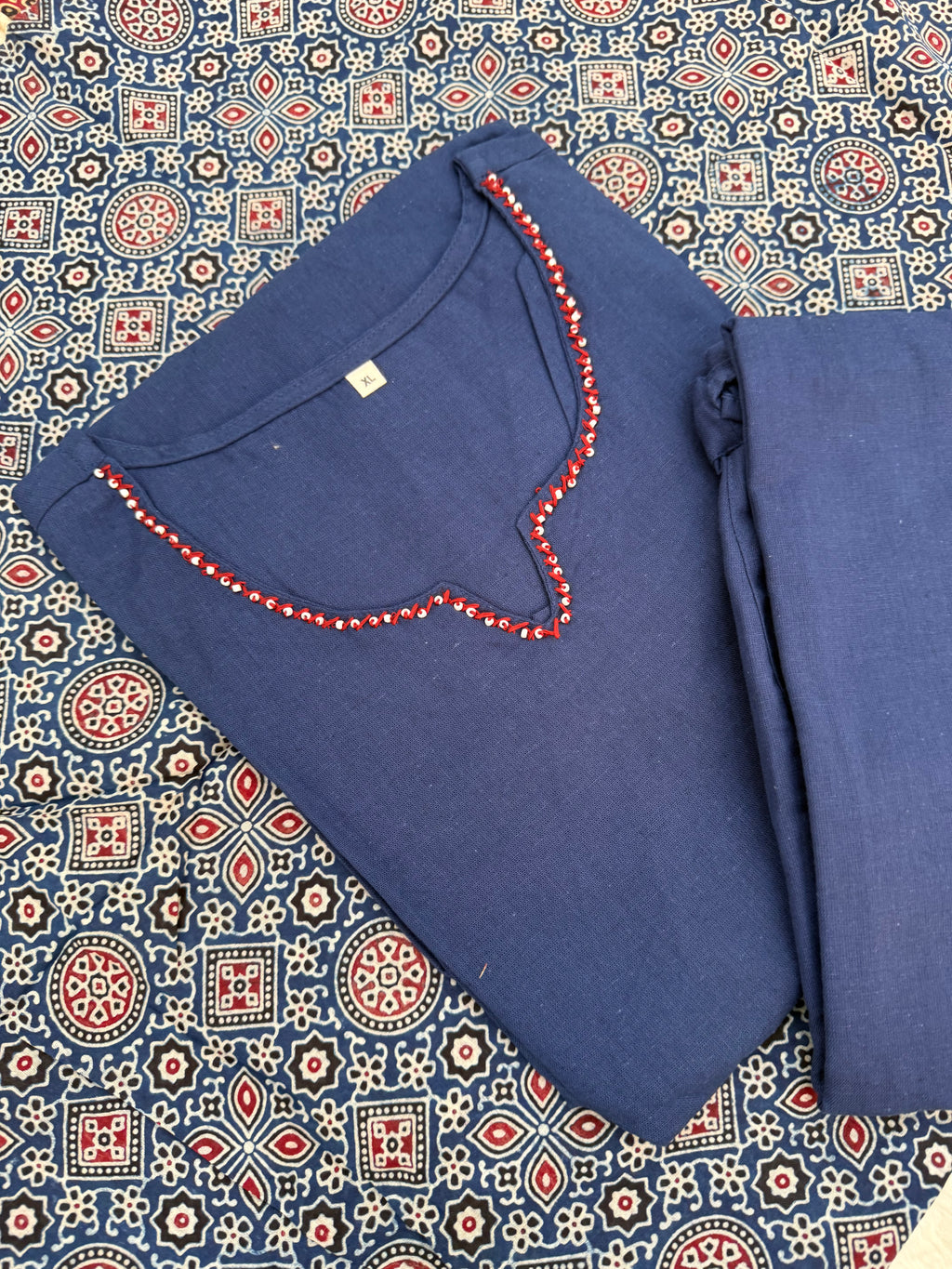 Navy Blue Cotton Three-Piece Set with Ajrak Dupatta