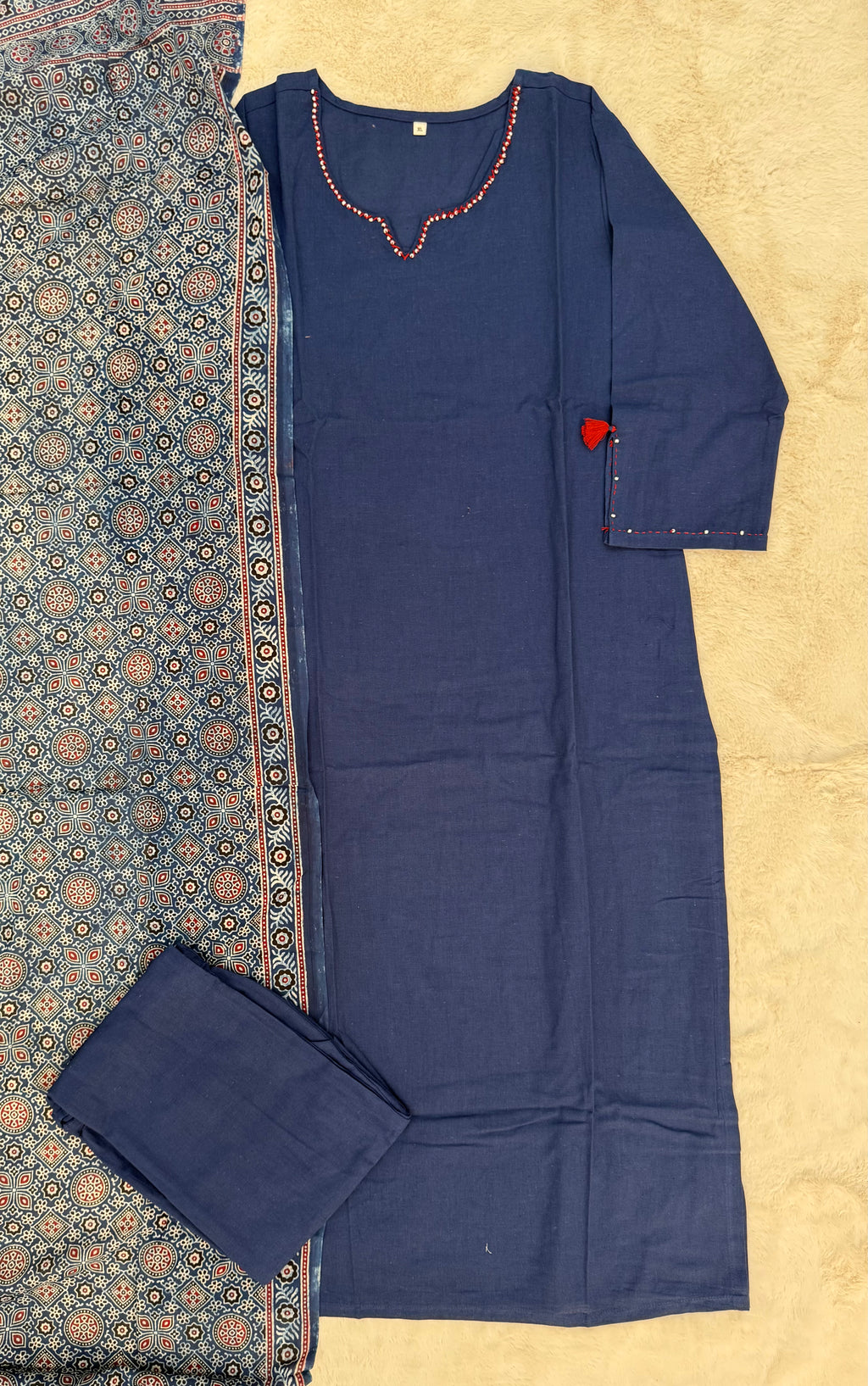 Navy Blue Cotton Three-Piece Set with Ajrak Dupatta