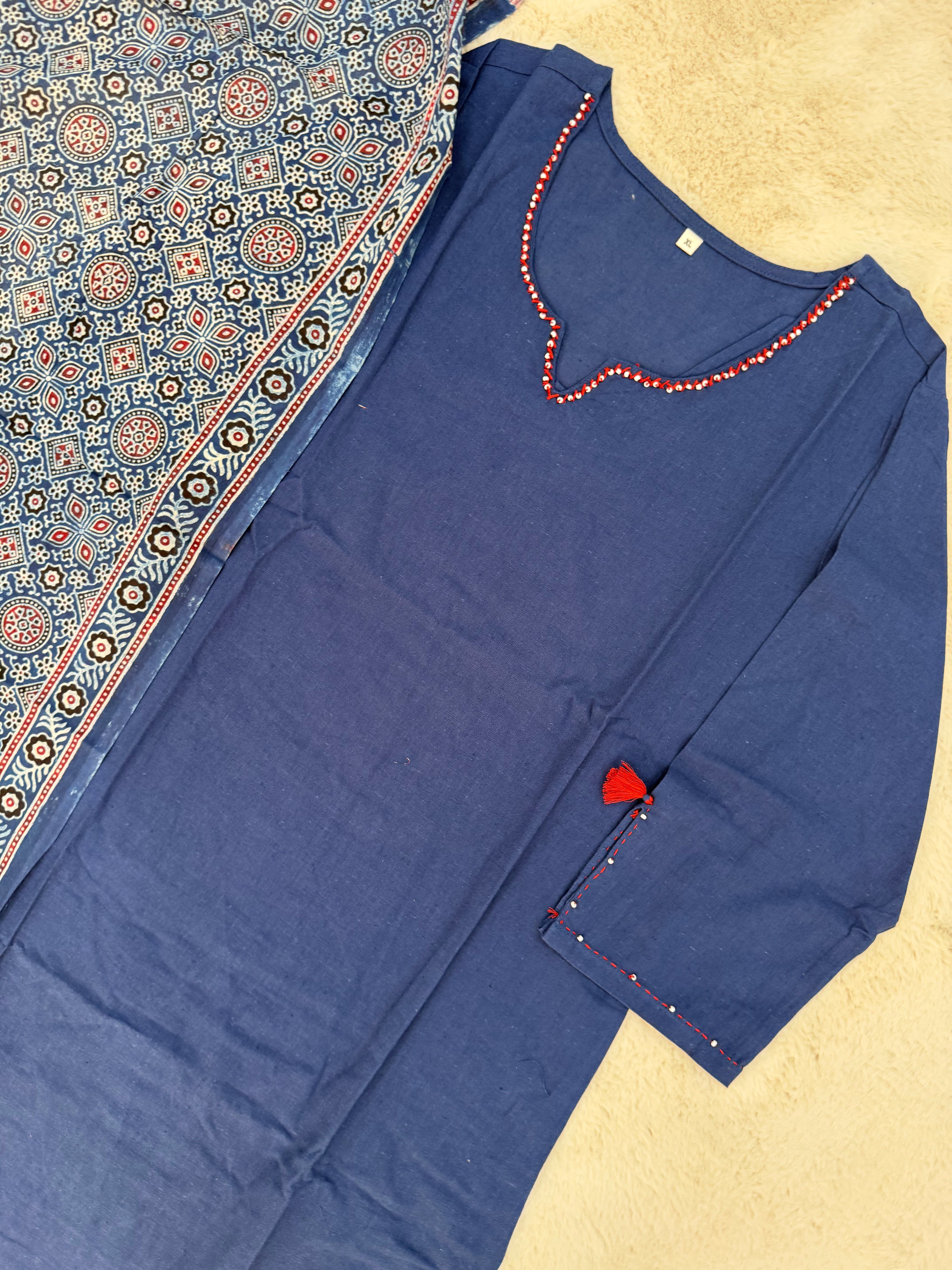 Navy Blue Cotton Three-Piece Set with Ajrak Dupatta