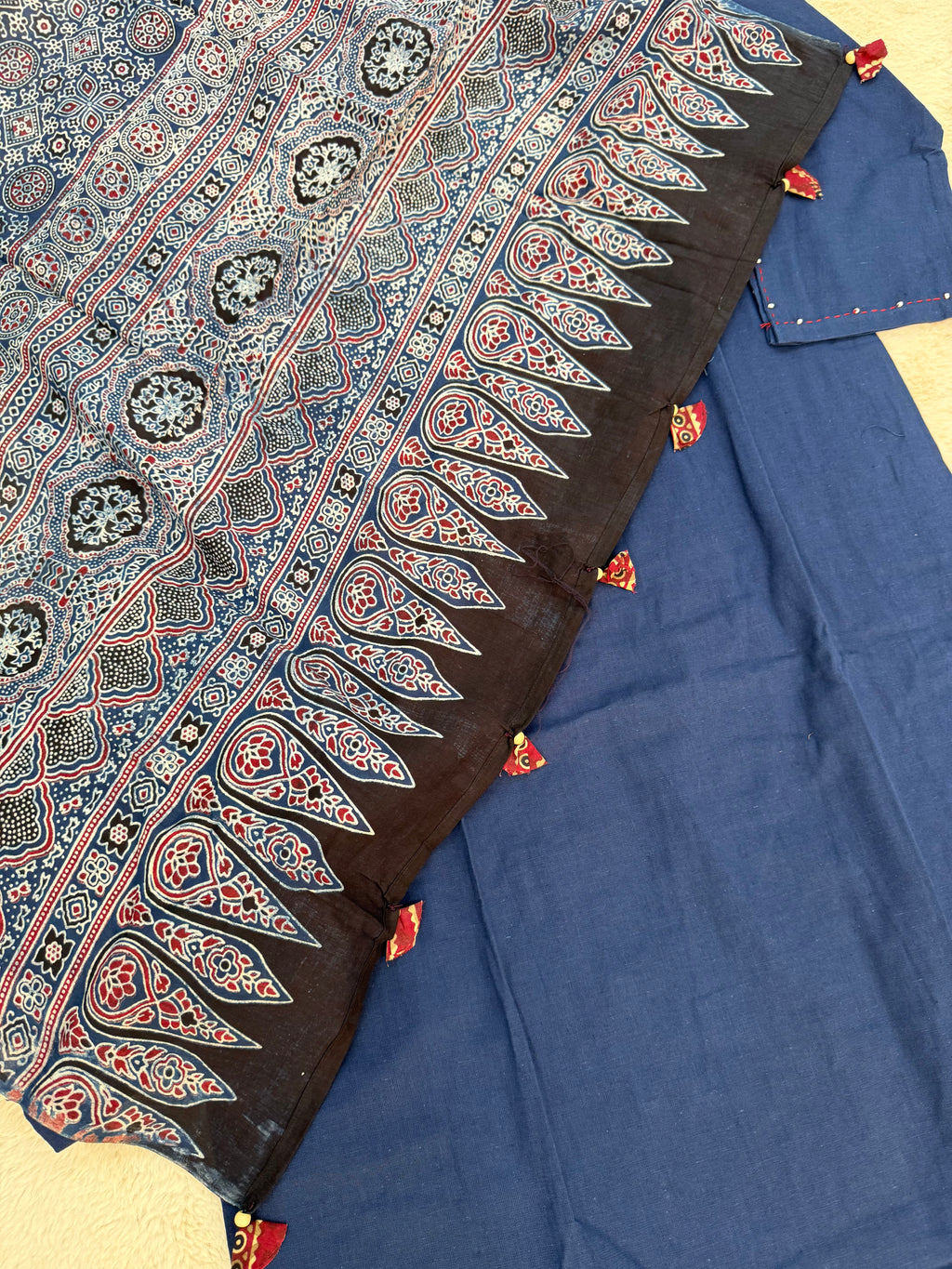 Navy Blue Cotton Three-Piece Set with Ajrak Dupatta