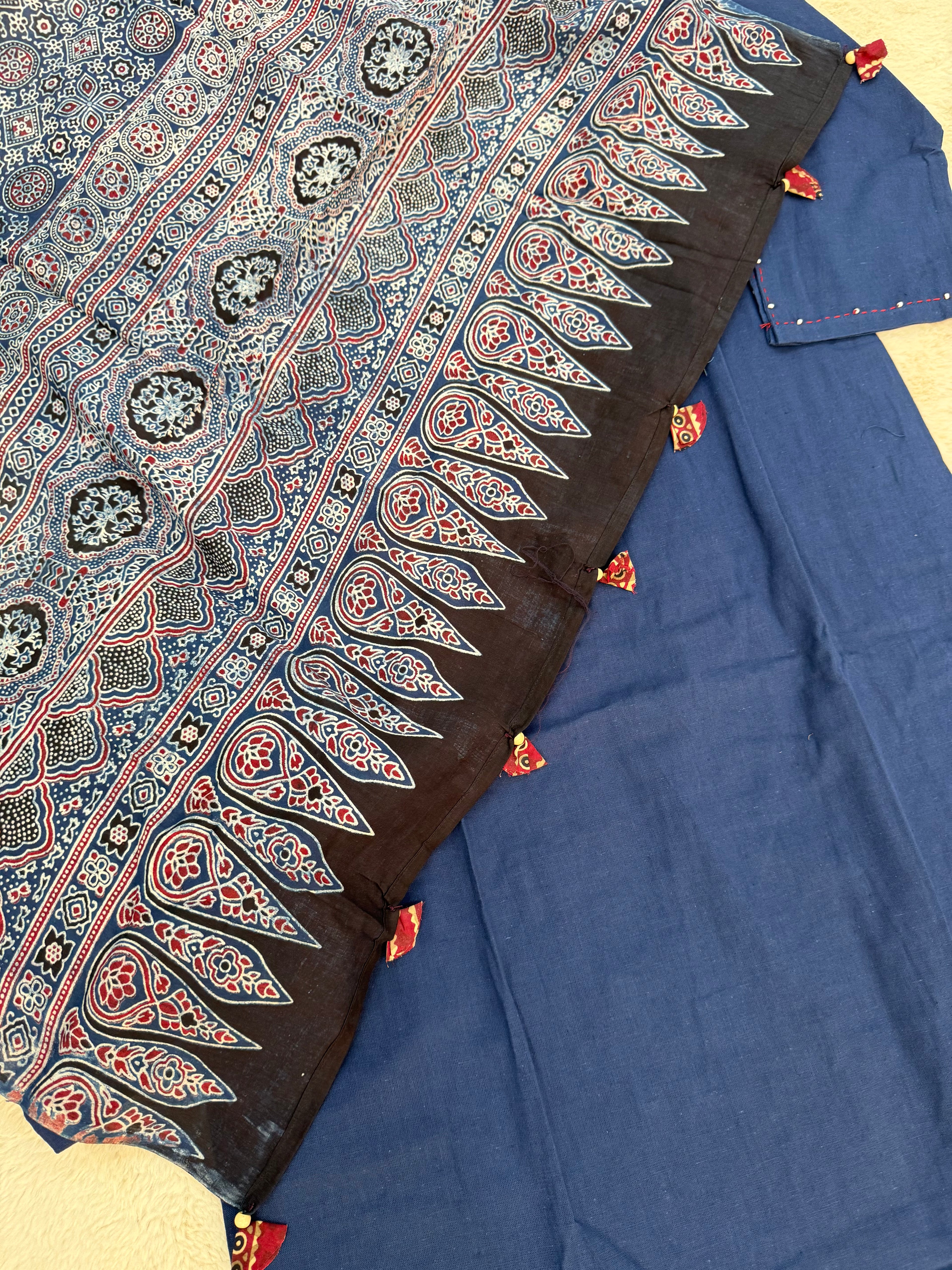 Navy Blue Cotton Three-Piece Set with Ajrak Dupatta