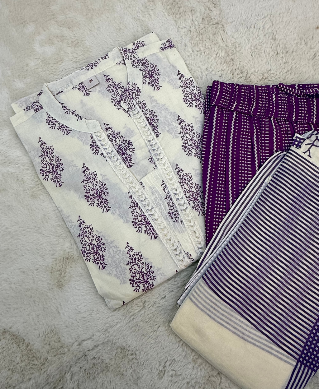 Lavender Block Print Cotton Three-Piece Set
