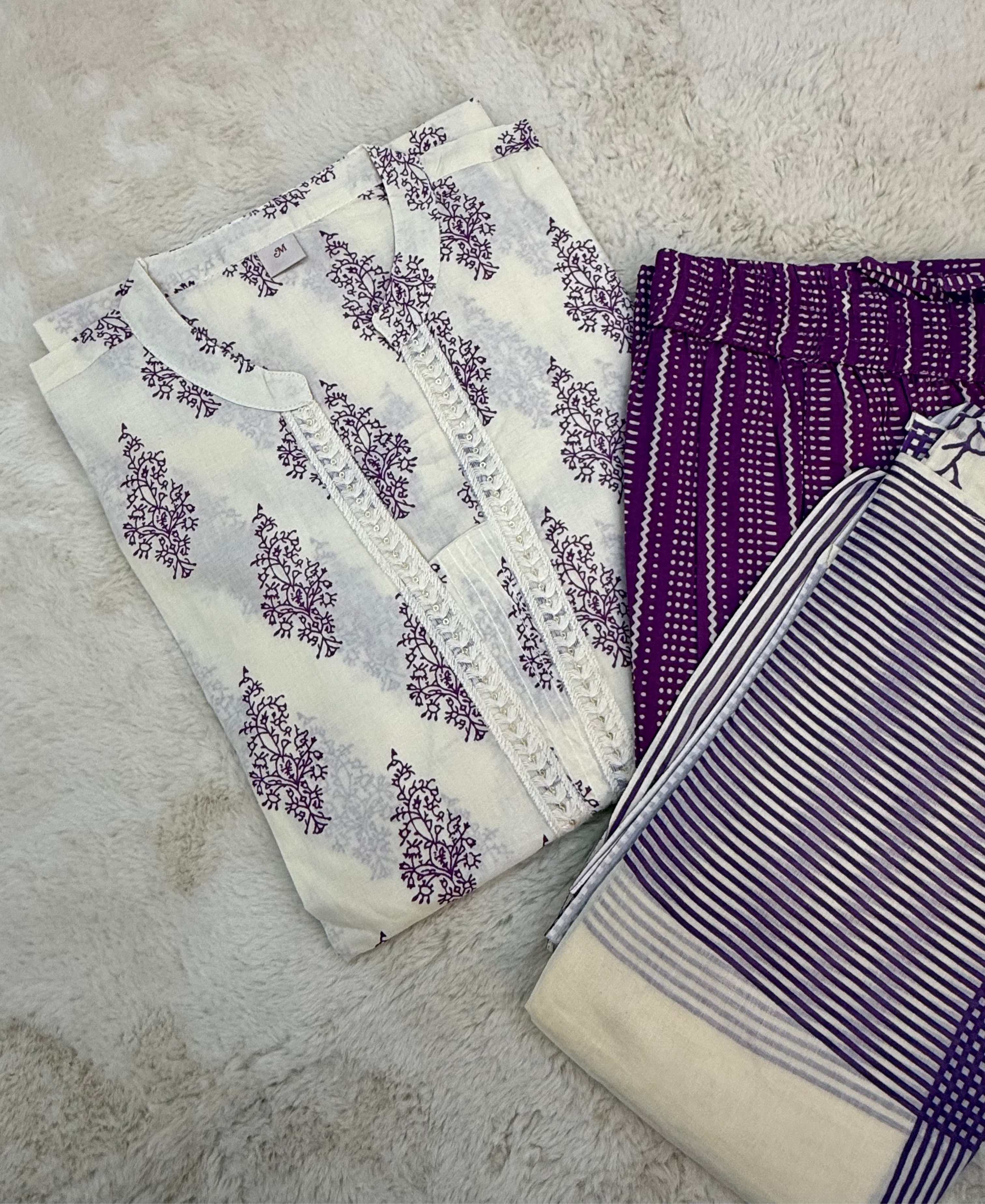 Lavender Block Print Cotton Three-Piece Set