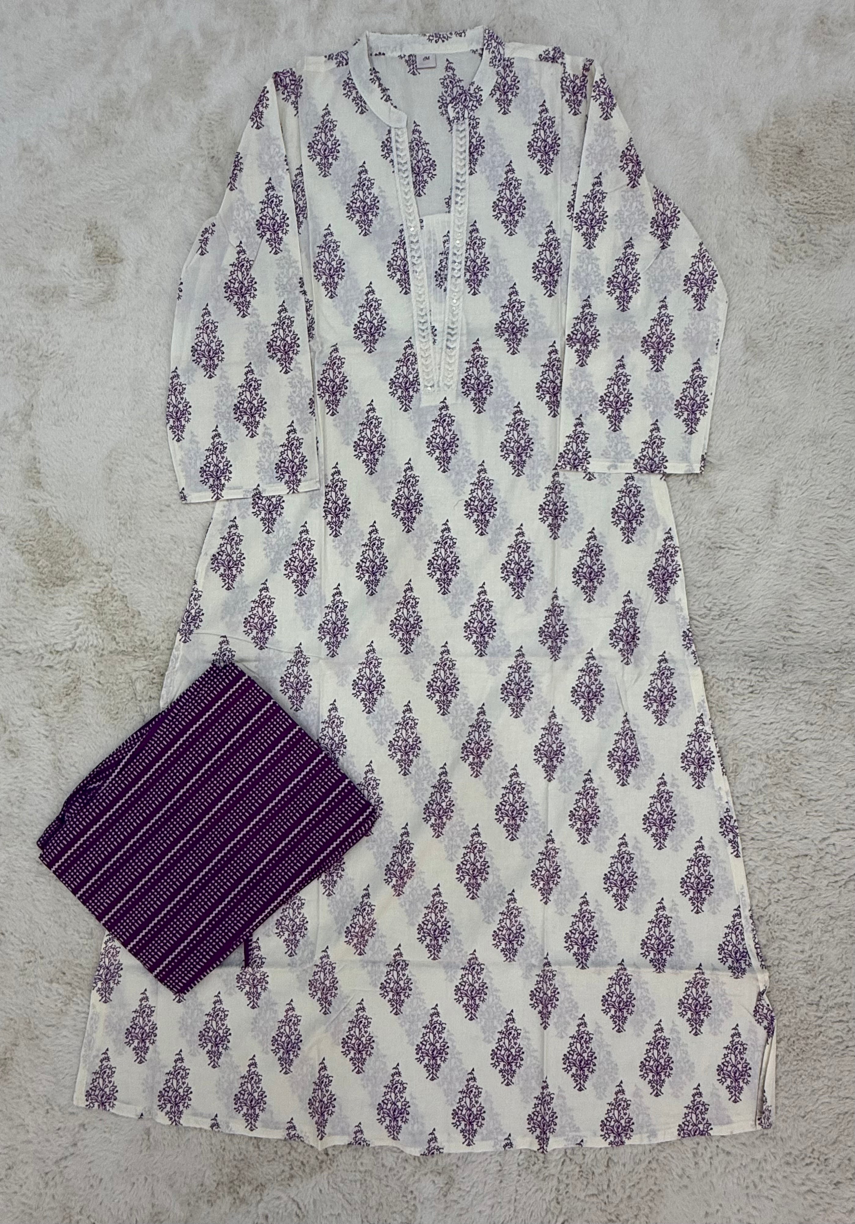 Lavender Block Print Cotton Three-Piece Set