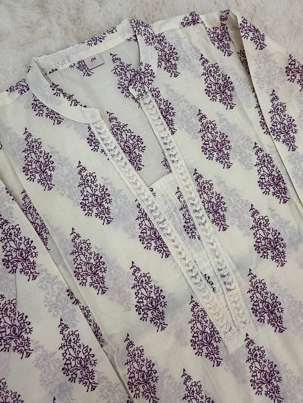 Lavender Block Print Cotton Three-Piece Set