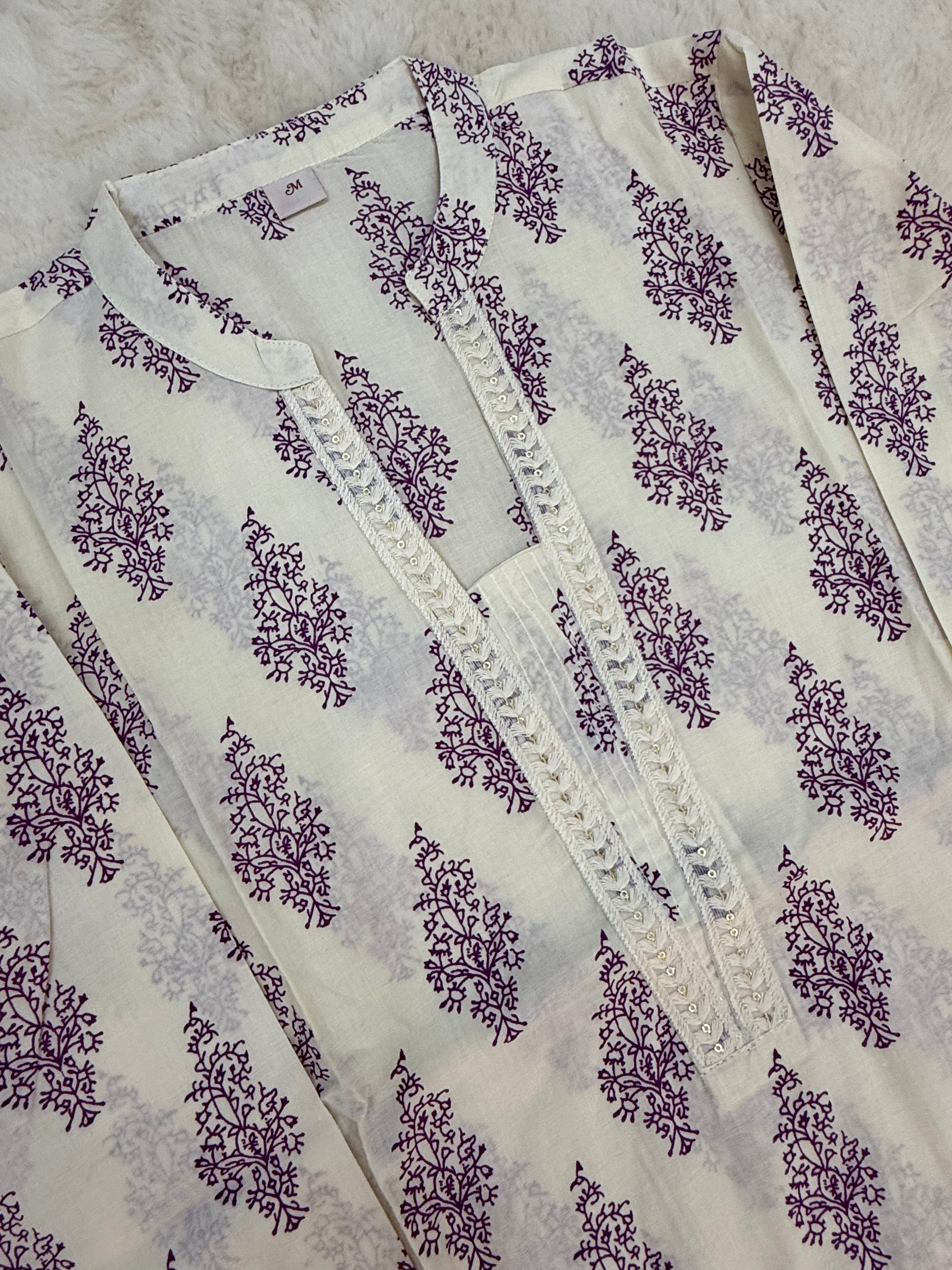 Lavender Block Print Cotton Three-Piece Set