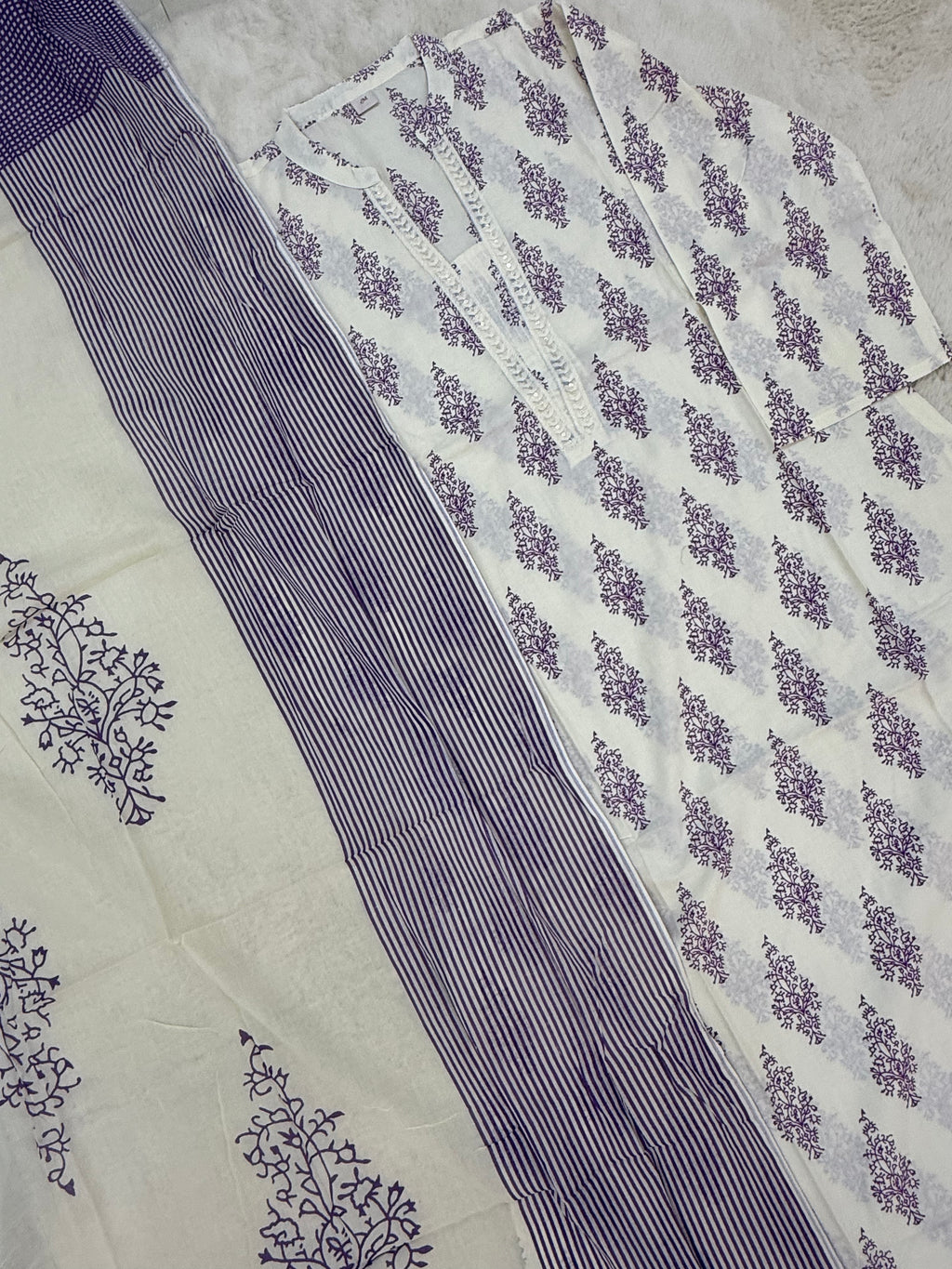 Lavender Block Print Cotton Three-Piece Set