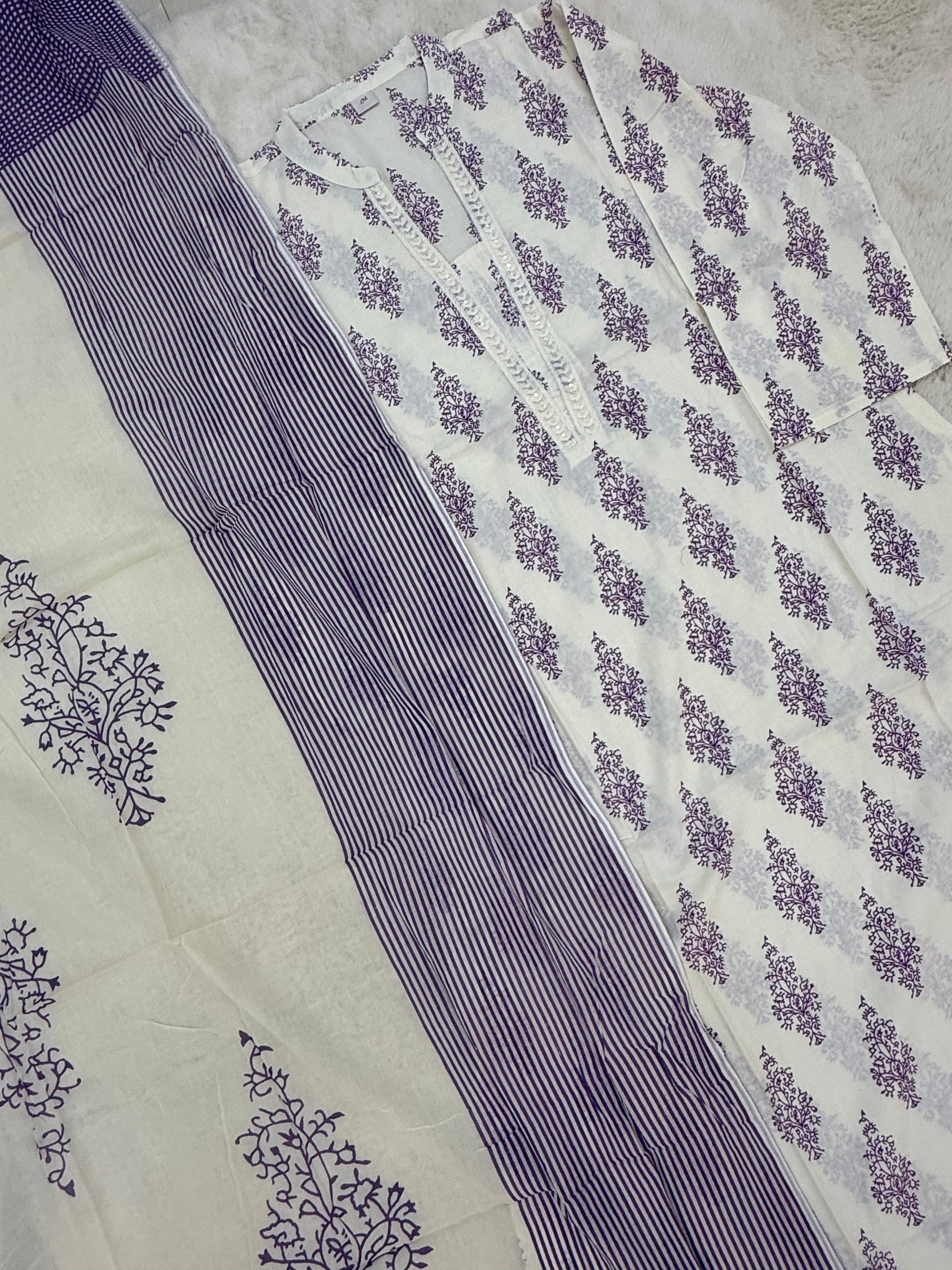 Lavender Block Print Cotton Three-Piece Set