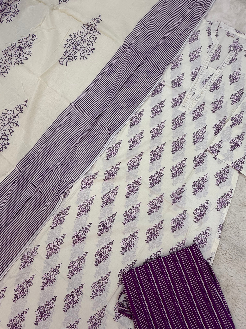 Lavender Block Print Cotton Three-Piece Set