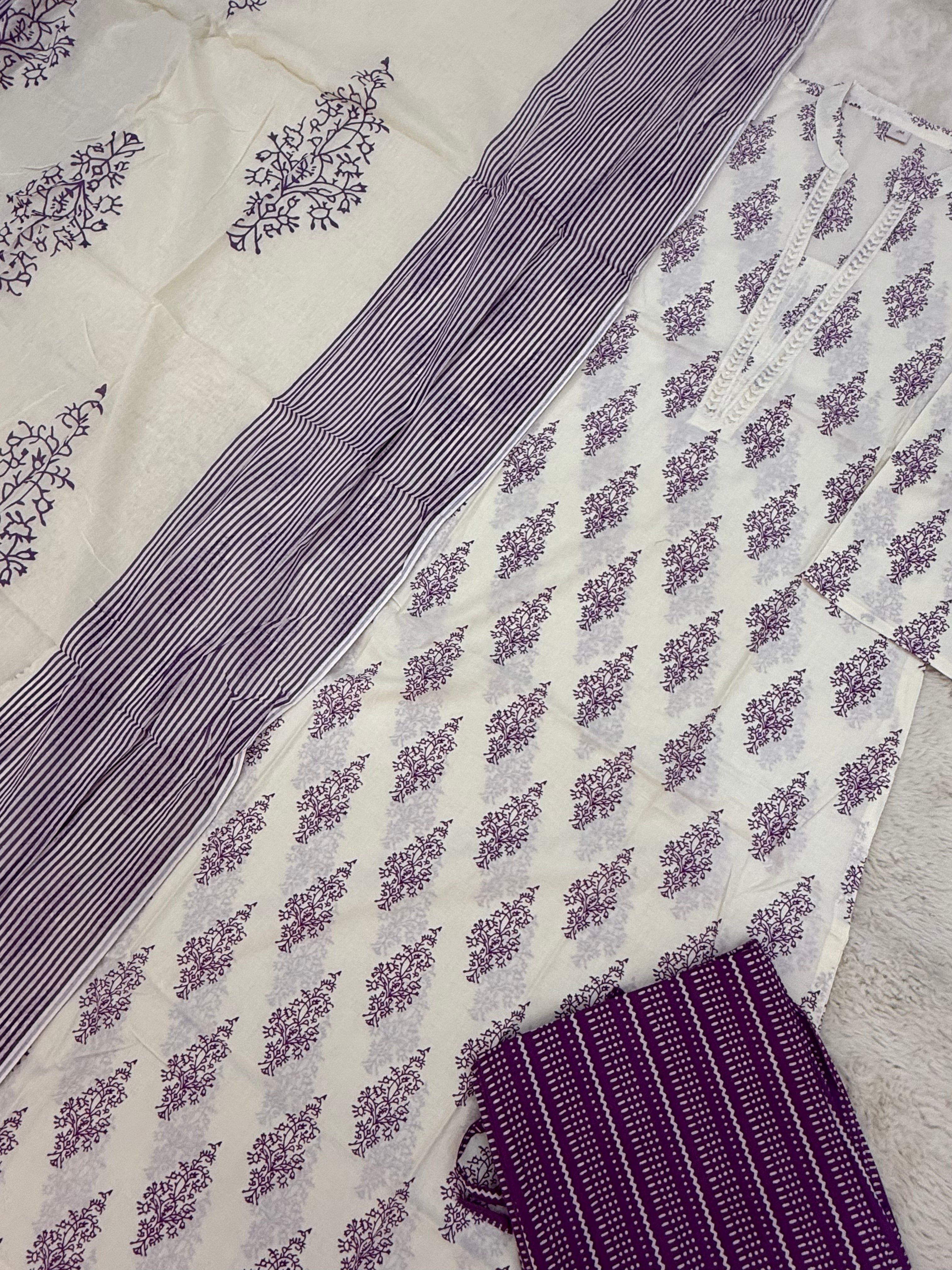 Lavender Block Print Cotton Three-Piece Set