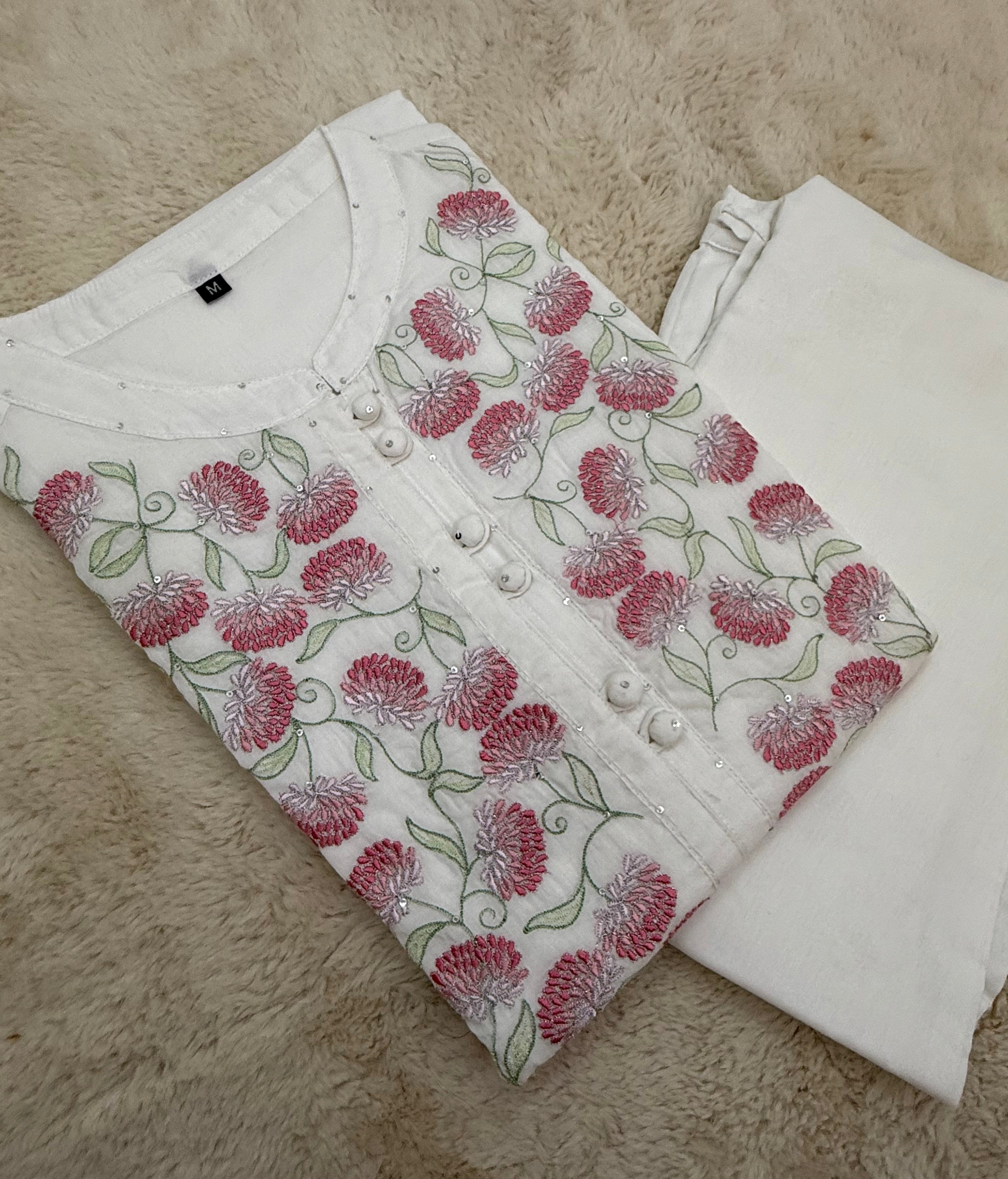White Cotton Two-Piece Set with Floral Embroidery
