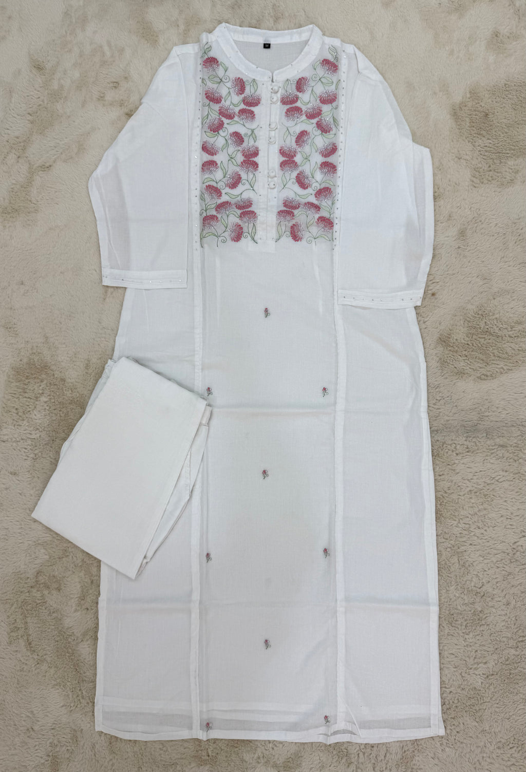 White Cotton Two-Piece Set with Floral Embroidery