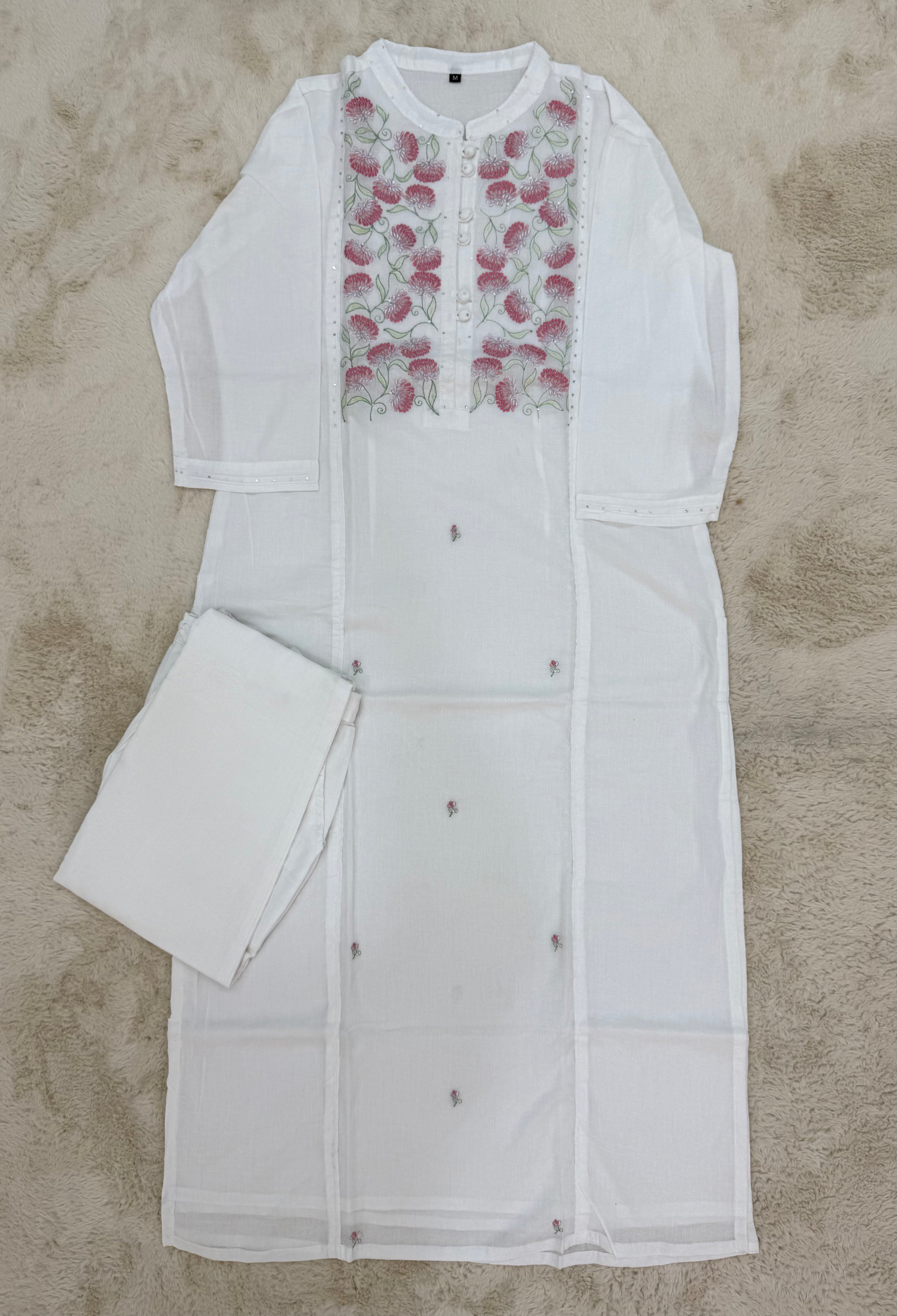 White Cotton Two-Piece Set with Floral Embroidery