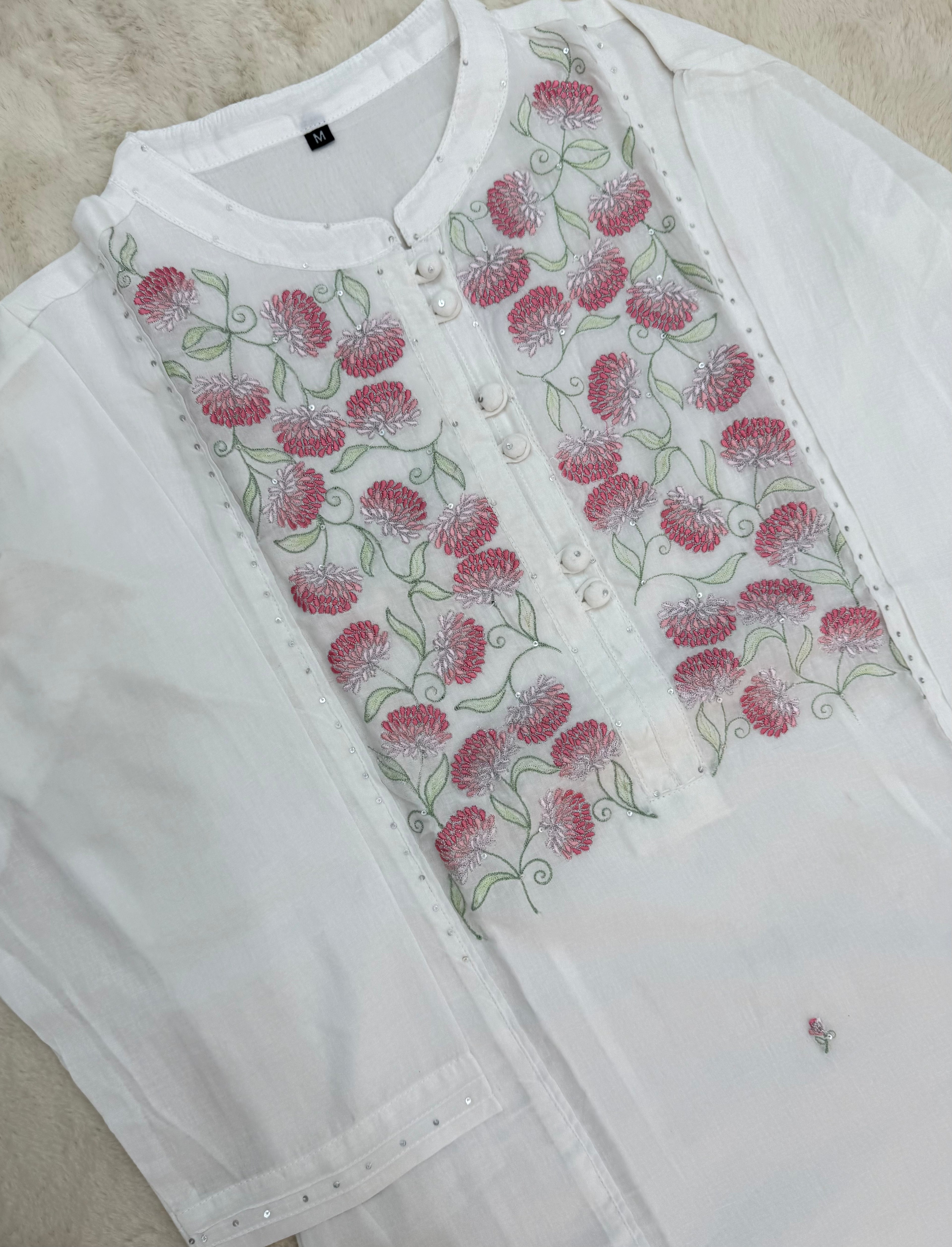 White Cotton Two-Piece Set with Floral Embroidery