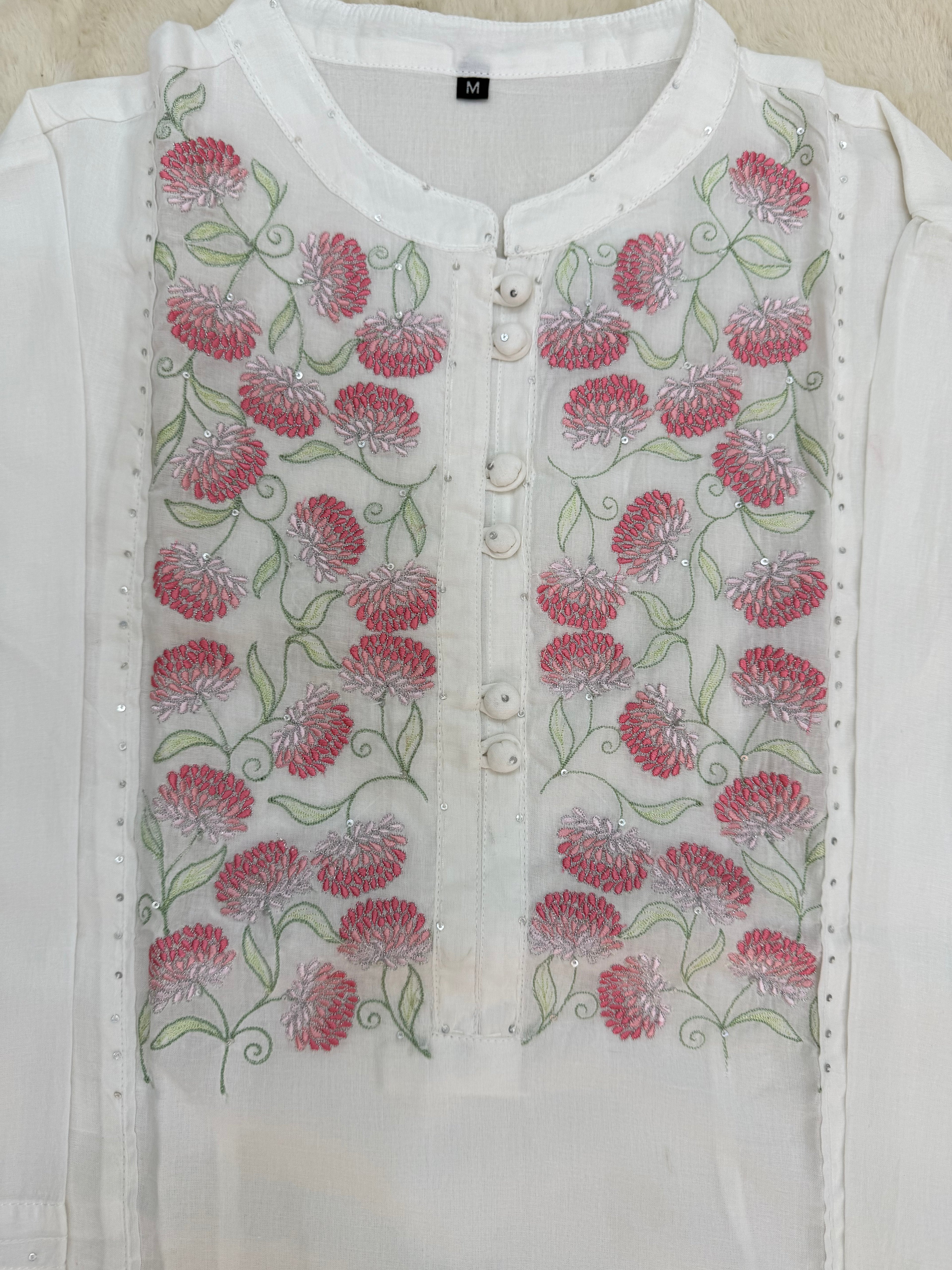 White Cotton Two-Piece Set with Floral Embroidery