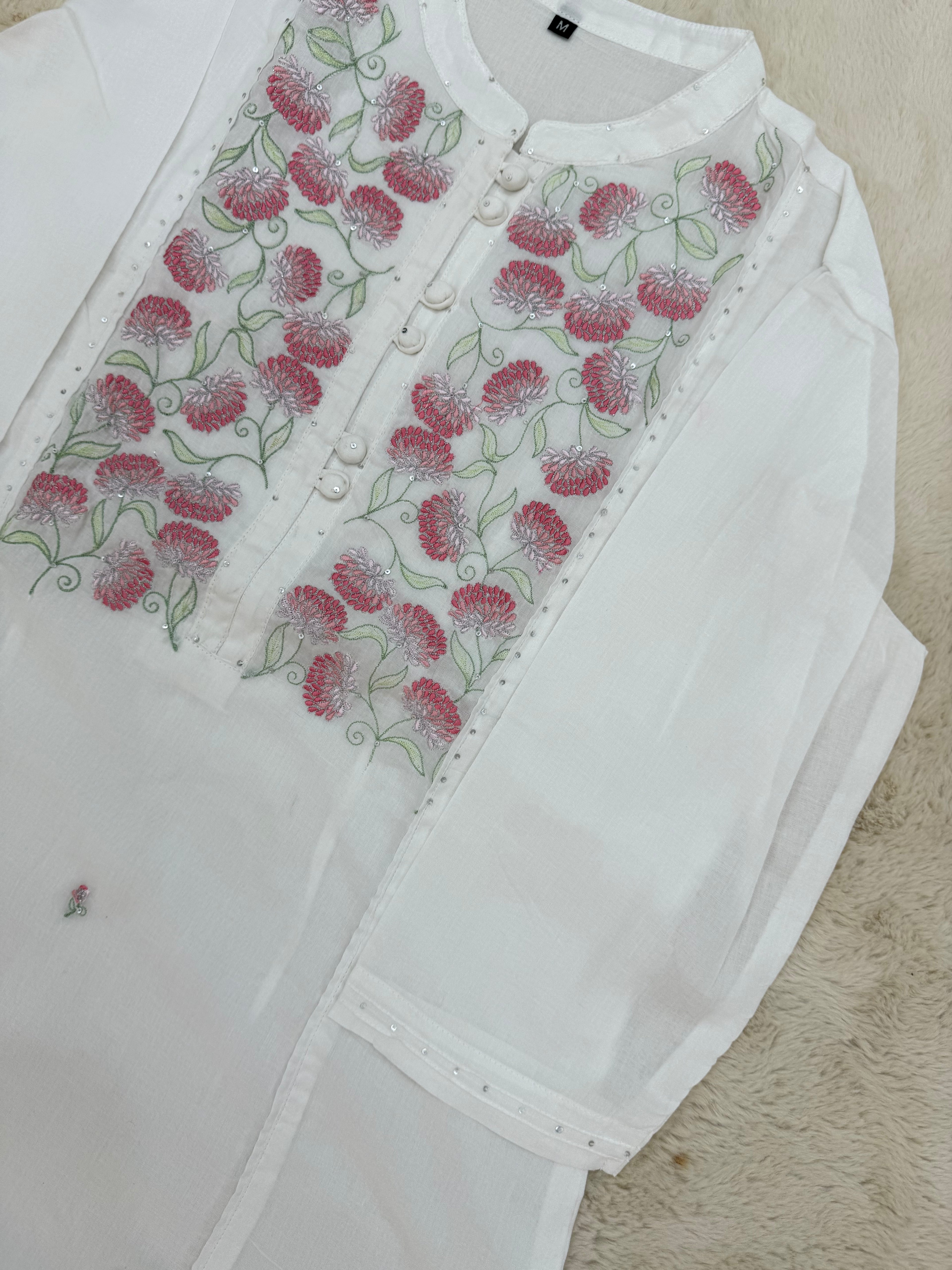 White Cotton Two-Piece Set with Floral Embroidery