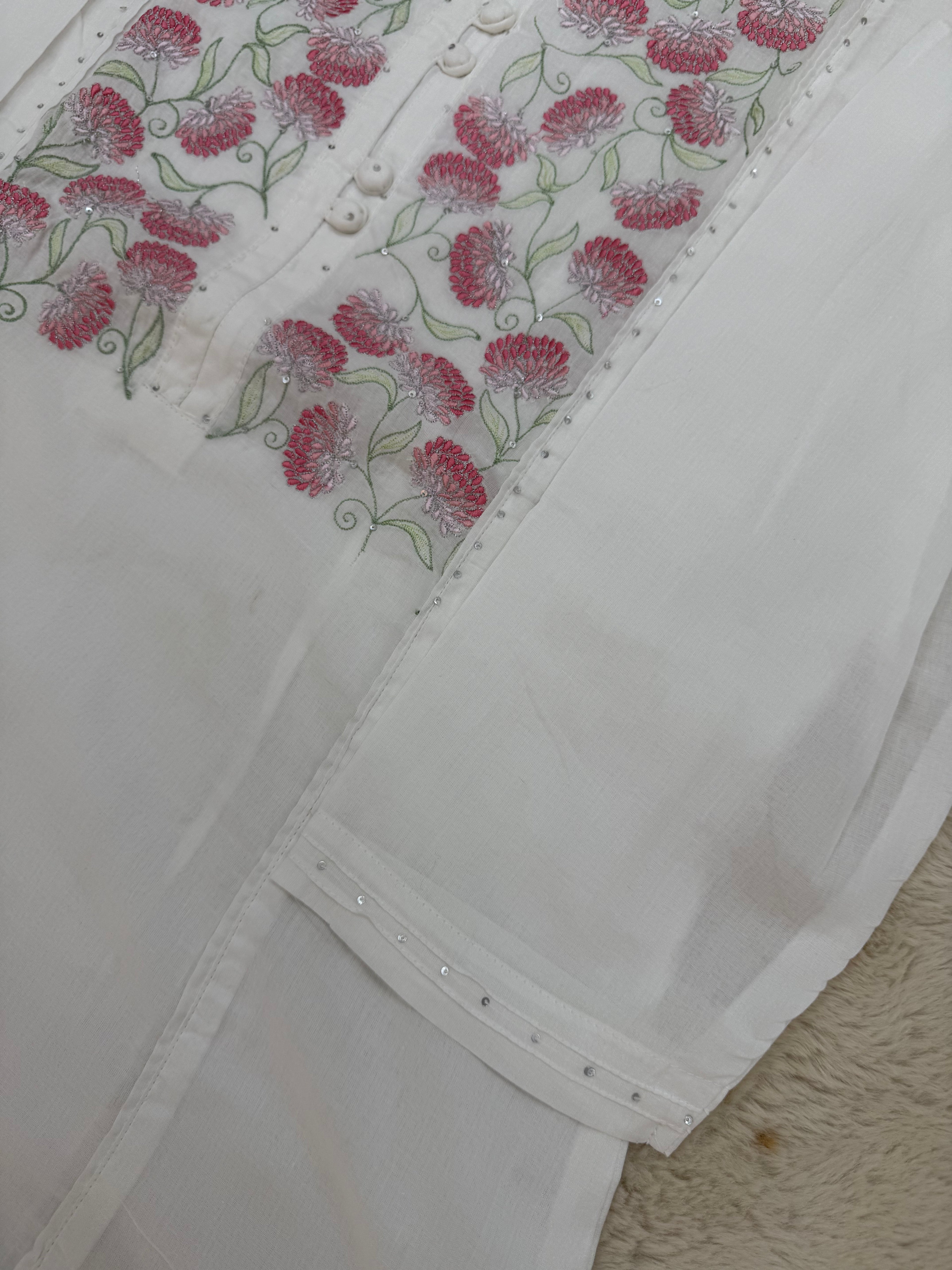 White Cotton Two-Piece Set with Floral Embroidery