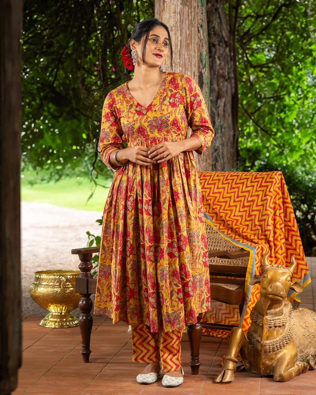 Mustard Yellow Block Print Three-Piece Cotton Anarkali Set