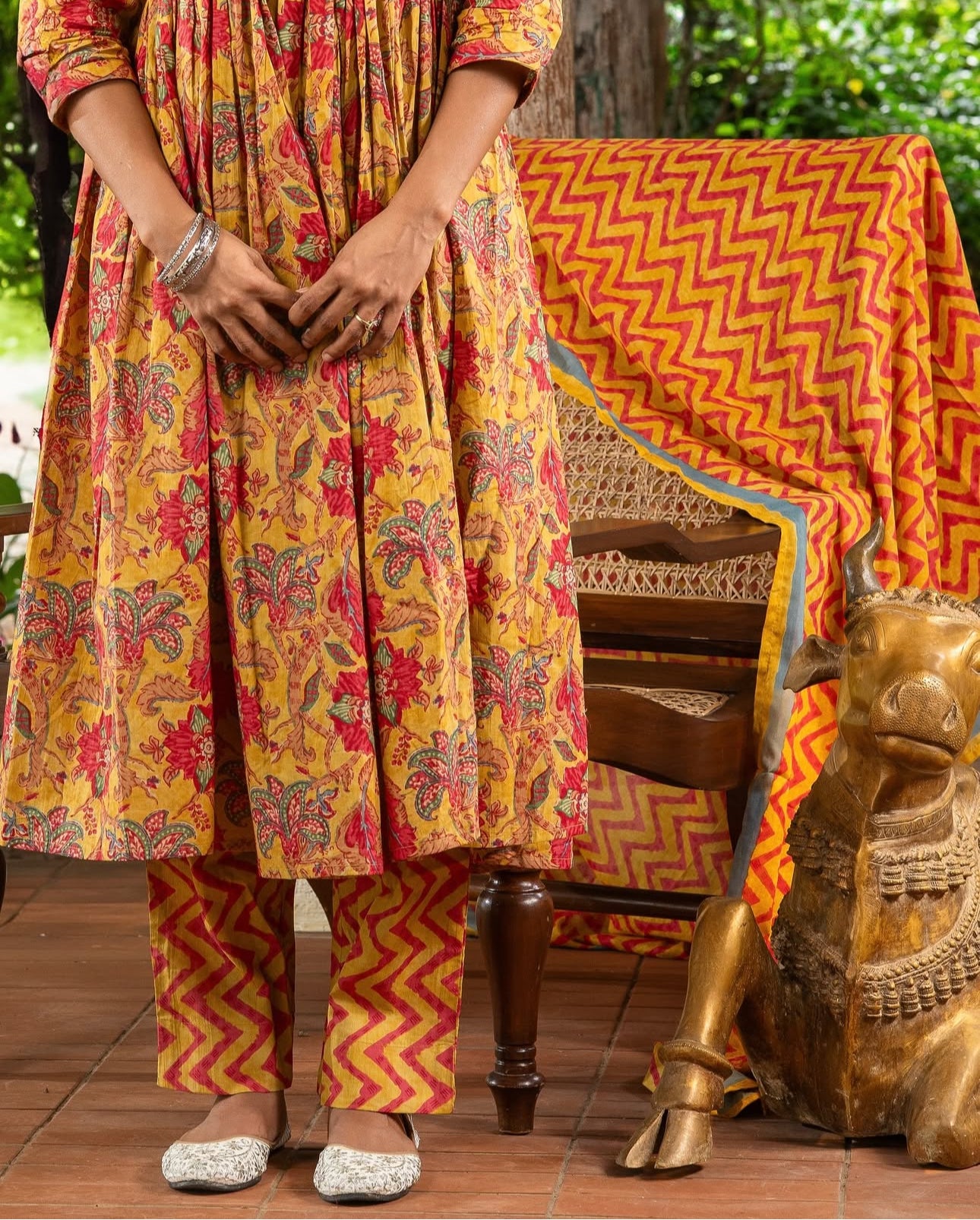 Mustard Yellow Block Print Three-Piece Cotton Anarkali Set