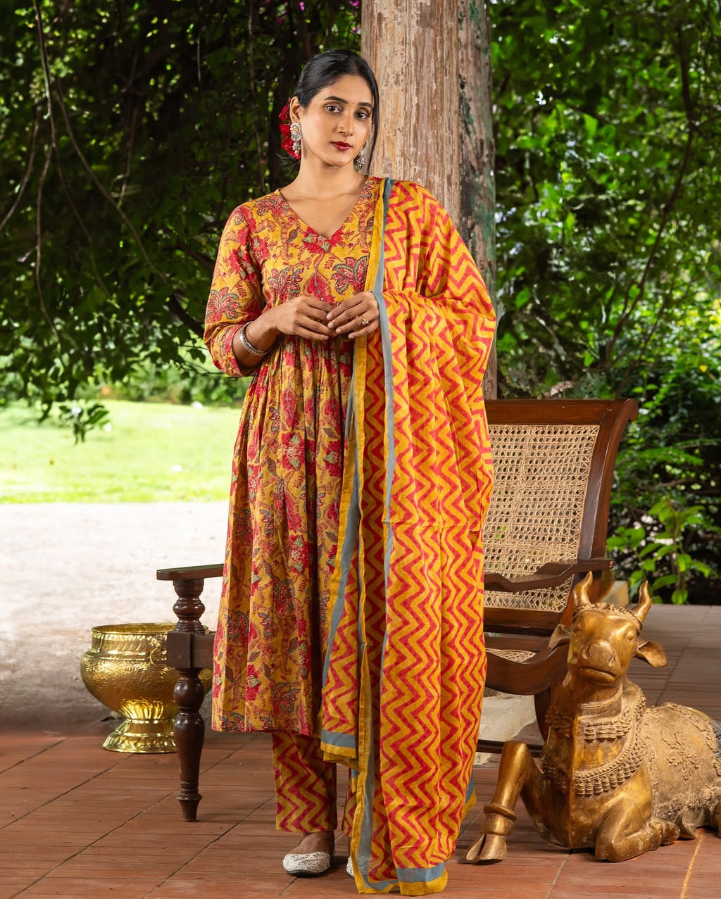 Mustard Yellow Block Print Three-Piece Cotton Anarkali Set