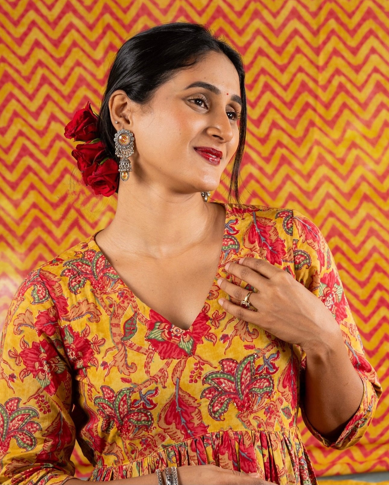 Mustard Yellow Block Print Three-Piece Cotton Anarkali Set