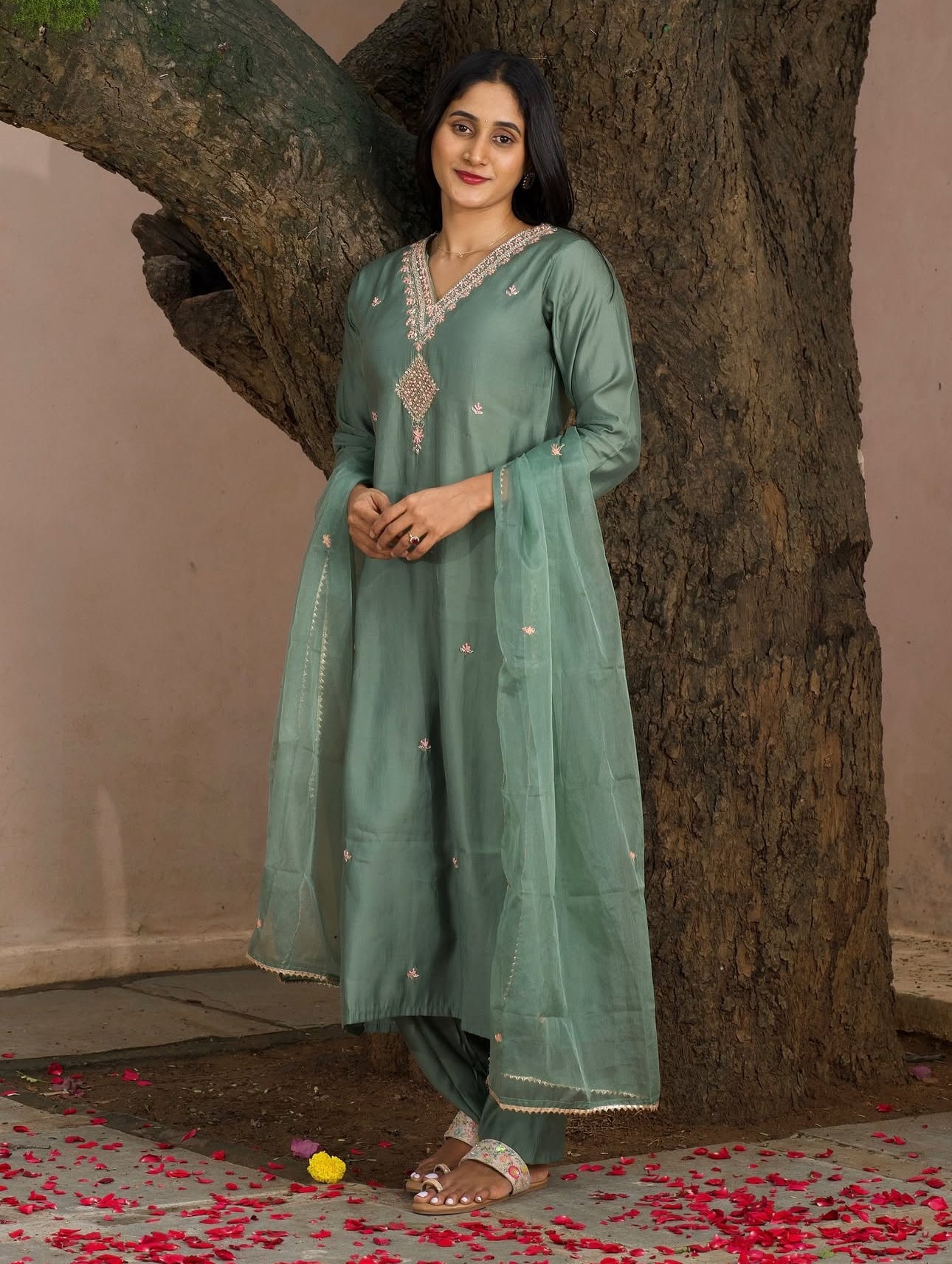 Sage Green Dola Silk Three-Piece Set with Gota and Thread Detailing