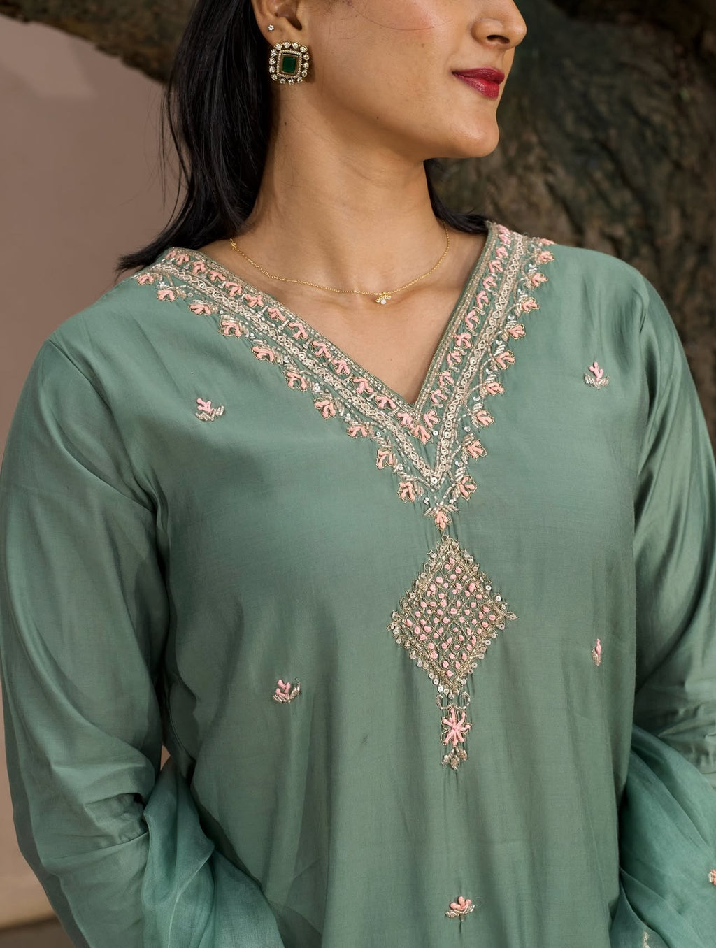 Sage Green Dola Silk Three-Piece Set with Gota and Thread Detailing