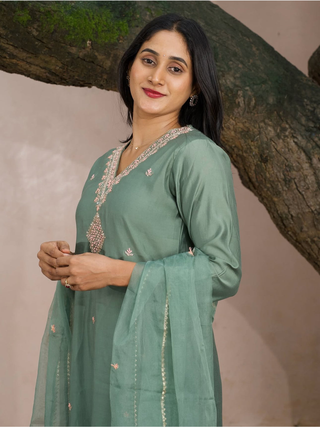 Sage Green Dola Silk Three-Piece Set with Gota and Thread Detailing