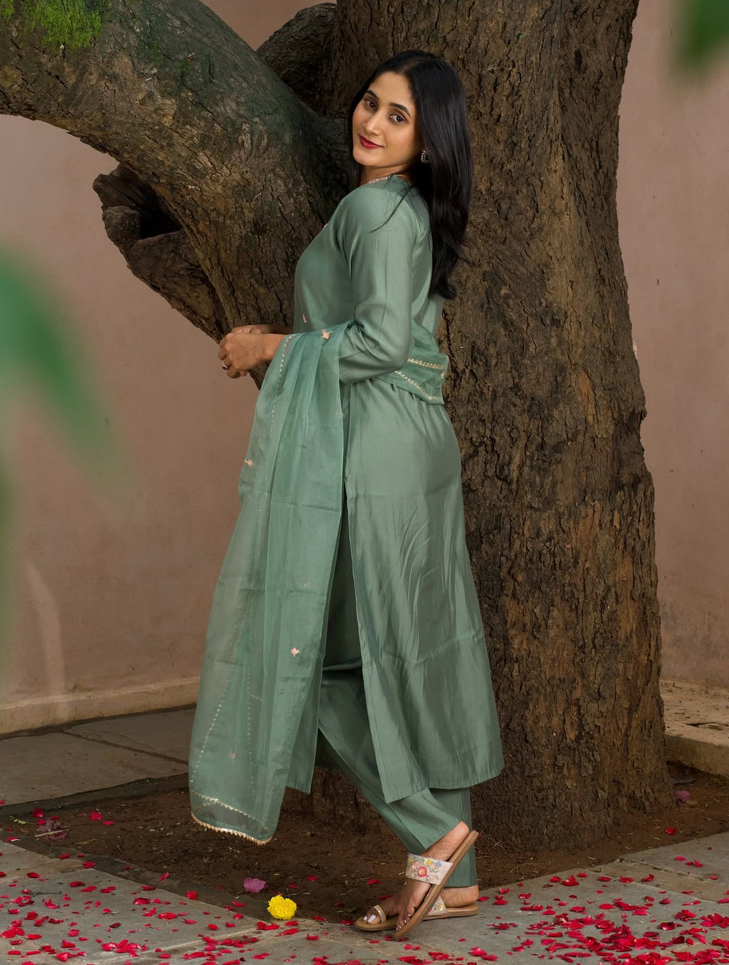 Sage Green Dola Silk Three-Piece Set with Gota and Thread Detailing