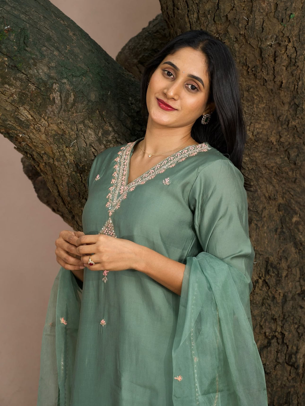 Sage Green Dola Silk Three-Piece Set with Gota and Thread Detailing